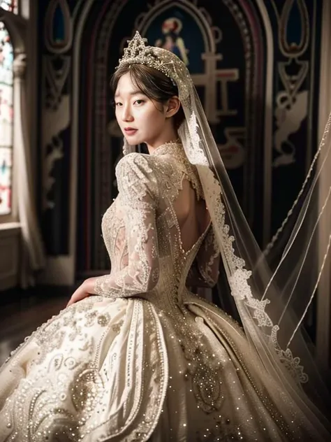 (thick:0.5) (korean) woman, bride, wearing <lora:0257 castle style wedding dress_v2:0.9> ruanyi0257,bridal veil,lace-trimmed dress,wedding, brown hair, bending over, nsfw, solo focus, at wedding, dark church, colorful murals, dramatic scene <lora:noiseOffsetForTrue_v10:1>