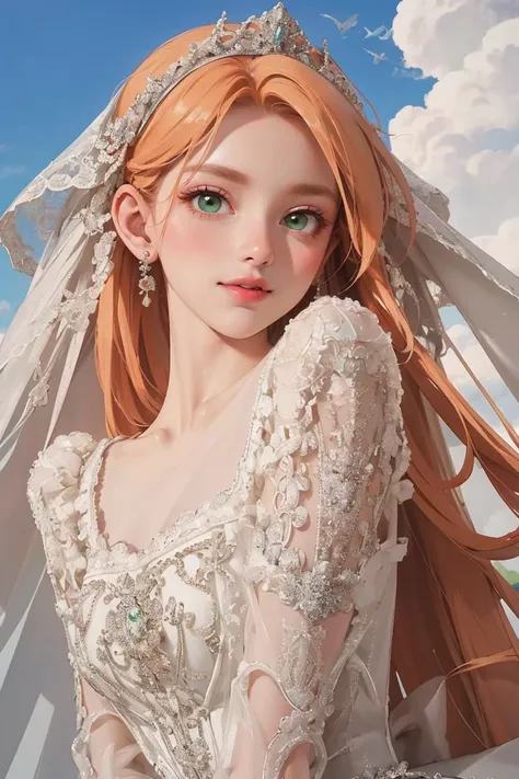 (masterpiece, best quality, beautiful and aesthetic:1.3), upper body, from below, looking at viewer, 1girl, solo, light smile, (makeup, long hair, light orange hair, green eyes:1.2), ruanyi0256, bridal veil, lace-trimmed dress, see-through, wedding dress, shiny skin, glossy skin, beautiful face, beautiful eyes, outdoors, scenic view, scenery, blue sky, clouds, standing, extreme detailed, <lora:0256 louvre queen_v1:0.85>