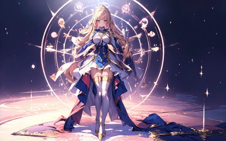(8k, RAW photo, best quality, masterpiece, pixiv: 1.2),
(1milf, mage, magical girl, awe, brainwashed, blush, dark smile, standing: 1.2),
breast, thigh, heart-shaped pupils,
(blonde hair, shiny hair, drill hair, hair between eyes, blunt bangs: 1.2),
(blue princess dress, long skirt, puff sleeve, blue cape, white long gloves, big ribbon, tiala, white thigh high thights, pumps, jewely: 1.2), ((metalic satin)),
midtown, night, shibuya, shinjuku, tokyo, japan, <lora:0263 Florence Dream_v1:0.5> ruanyi0263, lace, <lora:edgHauteCoutureIV:0.5> edgHauteCouture, <lora:magic circle_v2.0:0.5> magic circle,