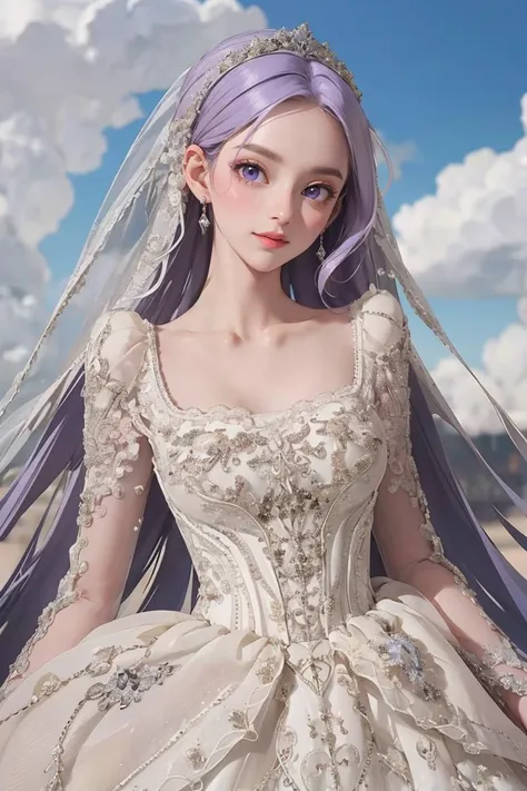 (masterpiece, best quality, beautiful and aesthetic:1.3), upper body, from below, looking at viewer, 1girl, solo, light smile, (makeup, long hair, light purple hair, purple eyes:1.2), ruanyi0256, bridal veil, lace-trimmed dress, see-through, wedding dress, shiny skin, glossy skin, beautiful face, beautiful eyes, outdoors, scenic view, scenery, blue sky, clouds, standing, extreme detailed, <lora:0256 louvre queen_v1:0.85>