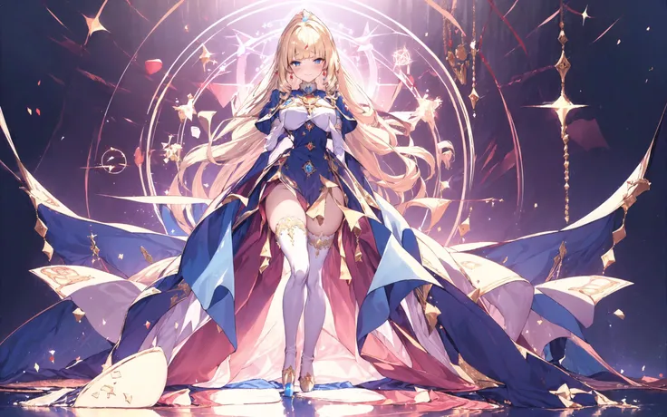 (8k, RAW photo, best quality, masterpiece, pixiv: 1.2),
(1milf, mage, magical girl, awe, brainwashed, blush, dark smile, standing: 1.2),
breast, thigh, heart-shaped pupils,
(blonde hair, shiny hair, drill hair, hair between eyes, blunt bangs: 1.2),
(blue princess dress, long skirt, puff sleeve, blue cape, white long gloves, big ribbon, tiala, white thigh high thights, pumps, jewely: 1.2), ((metalic satin)),
midtown, night, shibuya, shinjuku, tokyo, japan, <lora:0263 Florence Dream_v1:0.5> ruanyi0263, lace, <lora:edgHauteCoutureIV:0.5> edgHauteCouture, <lora:magic circle_v2.0:0.5> magic circle,