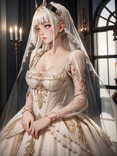 1girl, <lora:carmilla-nvwls-v1:0.8> defcarmilla, cleavage, revealing clothes, white hair, blunt bangs, yellow eyes, horns, <lora:0256 louvre queen_v1:0.9> ruanyi0256,bridal veil,lace-trimmed dress,see-through,wedding dress,