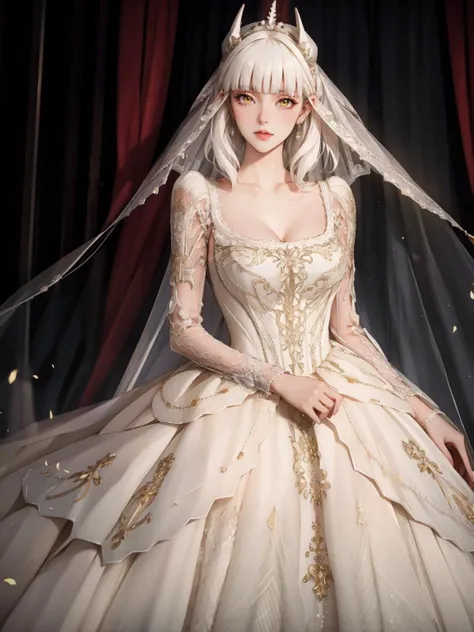 1girl, <lora:carmilla-nvwls-v1:0.8> defcarmilla, cleavage, revealing clothes, white hair, blunt bangs, yellow eyes, horns, <lora:0256 louvre queen_v1:0.9> ruanyi0256,bridal veil,lace-trimmed dress,see-through,wedding dress,
