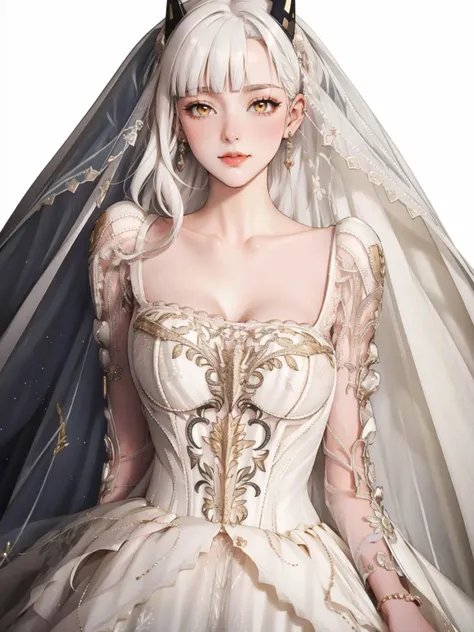 1girl, <lora:carmilla-nvwls-v1:0.8> defcarmilla, cleavage, revealing clothes, white hair, blunt bangs, yellow eyes, horns, <lora:0256 louvre queen_v1:0.9> ruanyi0256,bridal veil,lace-trimmed dress,see-through,wedding dress,