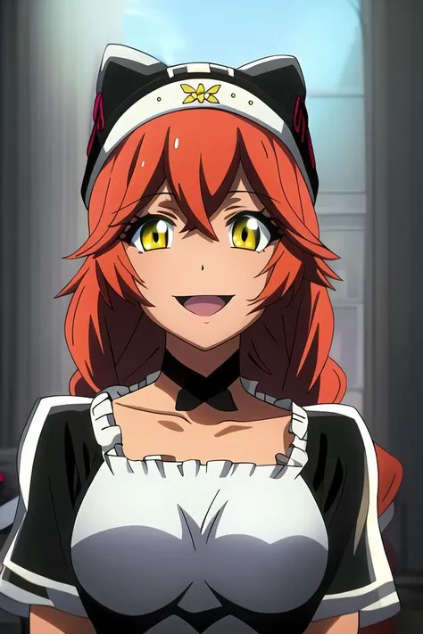 masterpiece, best quality, high quality, highres, absurdres, BETA, 1girl, solo, smile, open mouth, anime coloring, :d, collarbone, indoors, upper body, maid, parody, frills, portrait, looking at viewer, animal hat, black headwear, black choker, black dress, <lora:BETA:0.9>