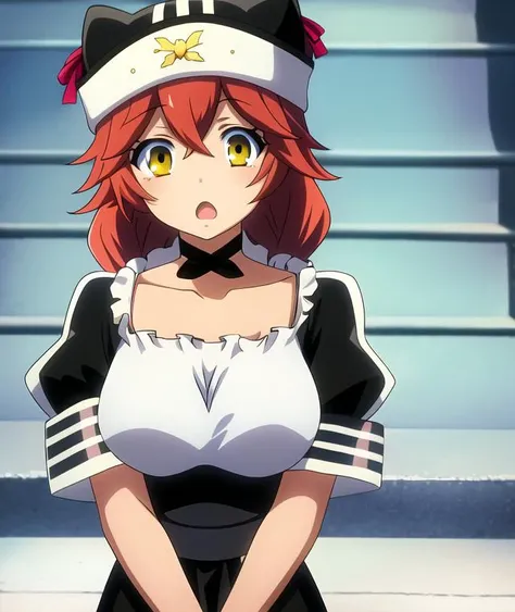 masterpiece, best quality, high quality, highres, absurdres, BETA, 1girl, solo, animal hat, open mouth, choker, anime coloring, looking at viewer, upper body, puffy short sleeves, :o, collarbone, stairs, maid, black dress, white shirt, surprised, <lora:BETA:0.7>