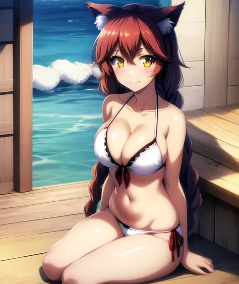 masterpiece, best quality, high quality, highres, absurdres, BETA, 1girl, solo, navel, sitting, smile, looking at viewer, cleavage, swimsuit, collarbone, side-tie bikini bottom, white bikini, closed mouth, arm support, front-tie top, stomach, animal ear fluff, indoors, shiny skin, bare shoulders, wolf ears, front-tie bikini top, strap gap, day, halterneck, bare arms, thighs, groin, blush, bow bikini, arms at sides, wooden floor, underwear only, side-tie panties, shiny hair, yokozuwari, sunlight, string bikini, white bra, shade, white panties, ribbon, hair over shoulder, <lora:BETA:0.8>