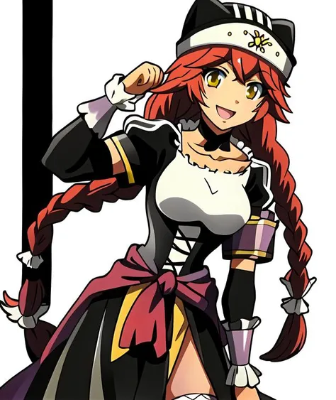 masterpiece, best quality, high quality, highres, absurdres, BETA, 1girl, solo, white background, twin braids, smile, simple background, open mouth, choker, looking at viewer, bridal gauntlets, collarbone, black dress, animal hat, :d, white thighhighs, side slit, puffy short sleeves, standing, clenched hand, detached sleeves, cowboy shot, paw pose, maid, white shirt, wrist cuffs, clothes around waist, corset, hair tubes, <lora:BETA:1>