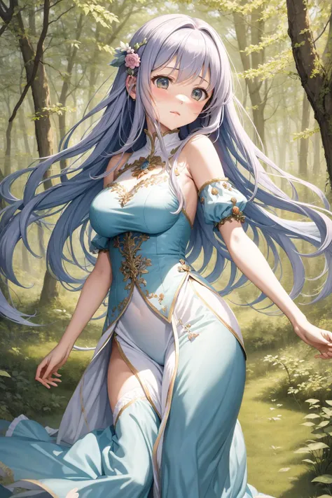 best quality, masterpiece, illustration, a 1girl with flowing hair, (serene expression:1.1), surrounded by ethereal beings, (soft pastel colors:1.2), dancing in a whimsical forest, (enchanted atmosphere:1.2), radiating tranquility