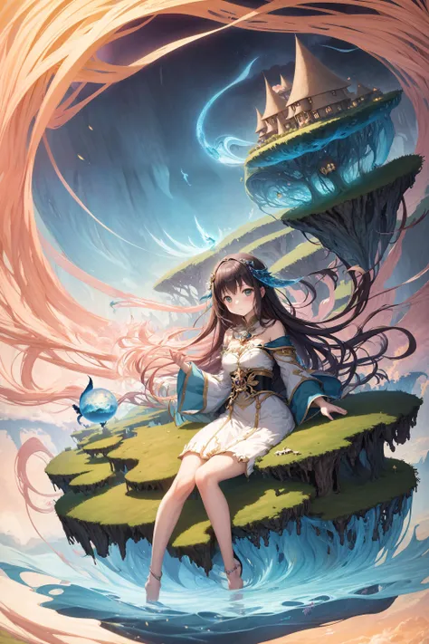best quality, masterpiece, illustration, a 1girl with an imaginative mind, (dreamy expression:1.1), conjuring a world of wonder, (floating islands:1.2), vibrant colors blending with whimsical creatures, (magical and ethereal:1.2), an invitation into her enchanting dreamscape