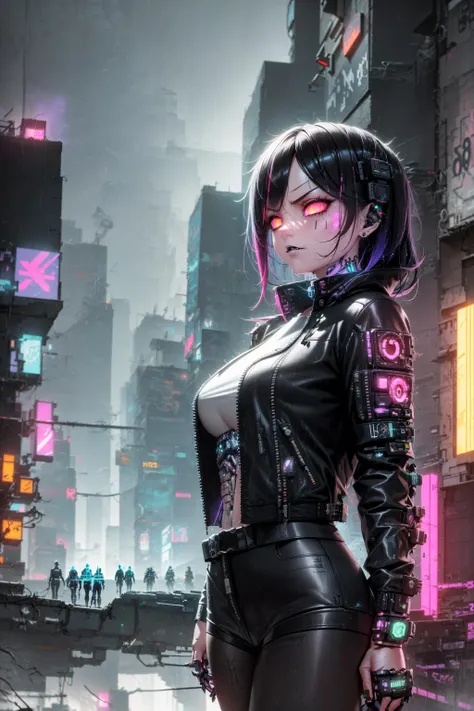 (lollita cybergoth) girl with mechanical body parts, extremamente atraente e sexy, staring at the camera with each naughty. em um beco escuro a noite, somente luzes neon. (+18 nsfw)