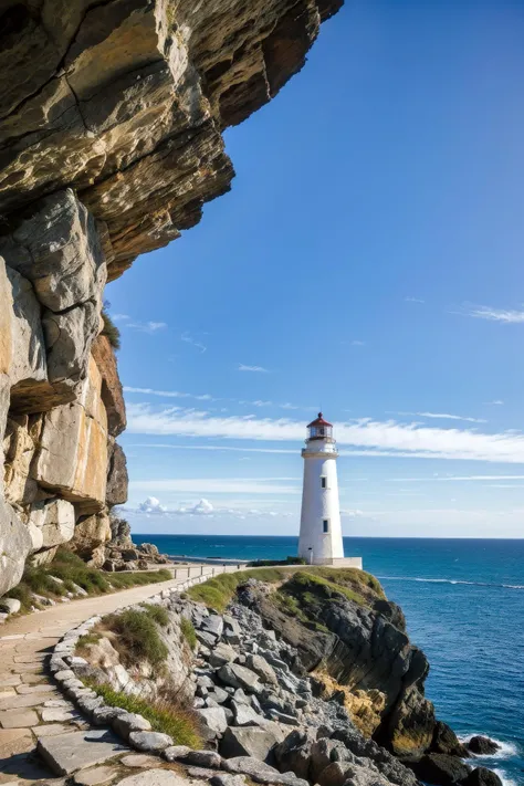 picturesque coastal lighthouse perched on rocky cliffs guiding ships safely