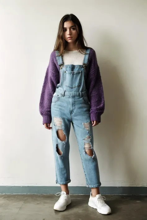modernist photo of a beautiful young woman, bored, fuzzy sweater with ripped overalls and sneakers, lower body, under indirect light, asymmetry, shot on a Kodak Funsaver