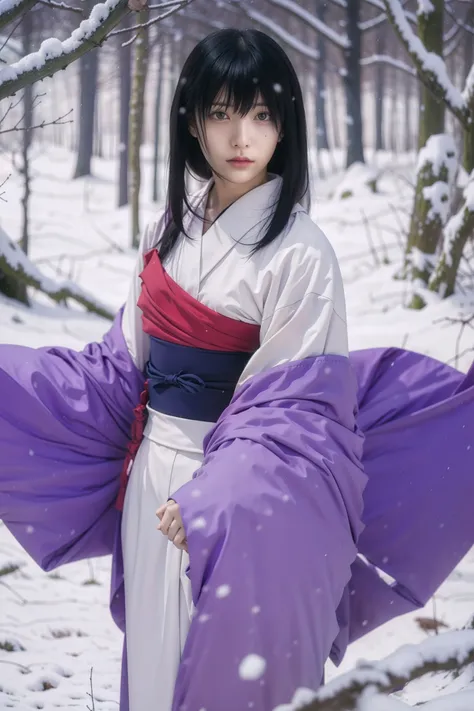 <lora:YukishiroTomoeV2:0.5>,yukishiro_tomoe,white_kimono_purple_sash,Tomoe_Purple_kimono,snow,details,stills, texture,