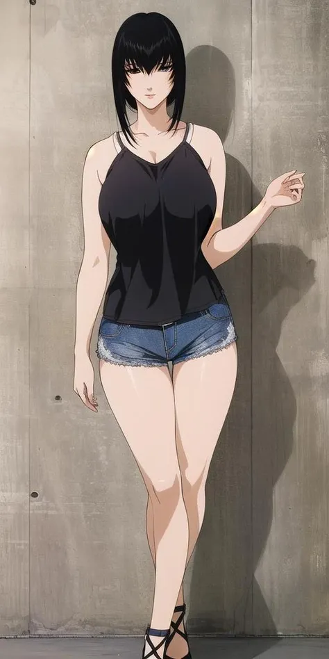 <lora:YukishiroTomoeV2:0.7> yukishiro_tomoe, huge breasts, standing, solo, denim_shorts, masterpiece, best quality, detailed face, detailed eyes, highres,