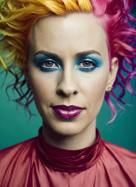 portrait of sks woman by Flora Borsi, style by Flora Borsi, bold, bright colours, rainbow Mohawk haircut, ((Flora Borsi)), <lora:locon_alanis_v1_from_v1_64_32:1.25>