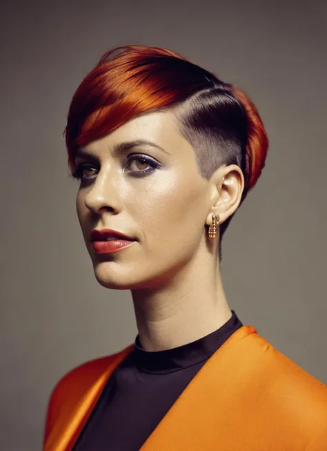 analog style, modelshoot style, portrait of sks woman by Flora Borsi, style by Flora Borsi, bold, bright colours, orange Mohawk haircut, ((Flora Borsi)), <lora:locon_alanis_v1_from_v1_64_32:1.25>
