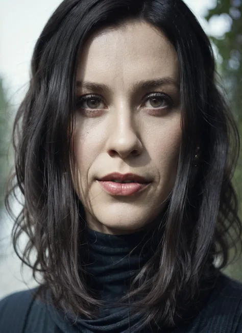 A stunning intricate full color portrait of (sks woman:1), wearing a black turtleneck, epic character composition, by ilya kuvshinov, alessio albi, nina masic, sharp focus, natural lighting, subsurface scattering, f2, 35mm, film grain, <lora:locon_alanis_v1_from_v1_64_32:1.25>