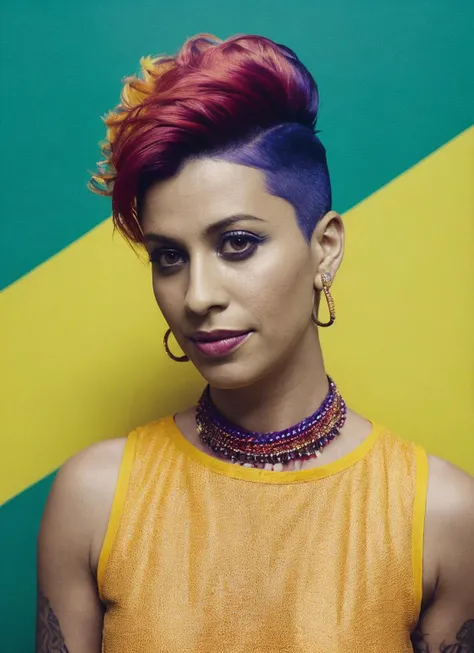 portrait of sks woman by Flora Borsi, style by Flora Borsi, bold, bright colours, rainbow Mohawk haircut, ((Flora Borsi)), <lora:locon_alanis_v1_from_v1_64_32:1.25>