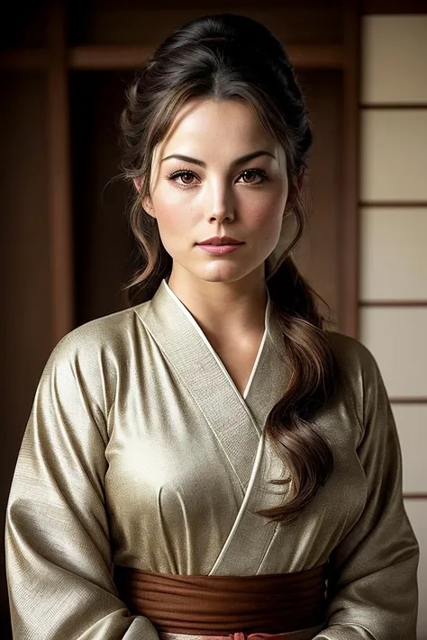 photo of beautiful ((eric4dur4nce:0.99)), a woman with beautiful brown hair, hair upsweep updo, as a seductive geisha in a (japanese traditional house), natural skin texture, (elegant kimono), 24mm, 4k textures, soft cinematic light, adobe lightroom, photolab, hdr, intricate, elegant, highly detailed, sharp focus, ((((cinematic look)))), soothing tones, insane details, intricate details, hyperdetailed, low contrast, soft cinematic light, exposure blend, hdr, faded, (wooden walls), (painted lips:1.1), ((looking at viewer:1.1))
