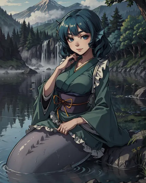 <lora:Wakasagihime:1>, wakasagihime, 1girl, mermaid, monster girl, blue hair, short hair, blue eyes, head fins, japanese clothes, kimono,sash , obi, wide sleeves, long sleeves, lake, mist, fog, nature, smile, <lyco:aiomonstergirls_aiov2LoraLocon:1.0>, masterpiece, best quality,