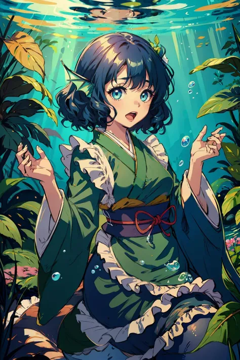 masterpiece, best quality, <lora:Wakasagihime:1>,1girl, wakasagihime, mermaid, blue hair, solo, japanese clothes, monster girl, blue eyes, underwater, kimono, head fins, short hair, sash, wide sleeves, long sleeves, obi, sunlight, open mouth, bubble, green kimono, air bubble, leaf, looking at viewer, sketch, frills, frilled kimono, water