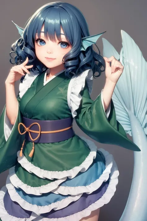 masterpiece, best quality, <lora:Wakasagihime:1>,wakasagihime, 1girl,mermaid, monster girl,blue hair,short hair,blue eyes,head fins,japanese clothes, kimono,sash,obi,wide sleeves, long sleeves, grey background, smile