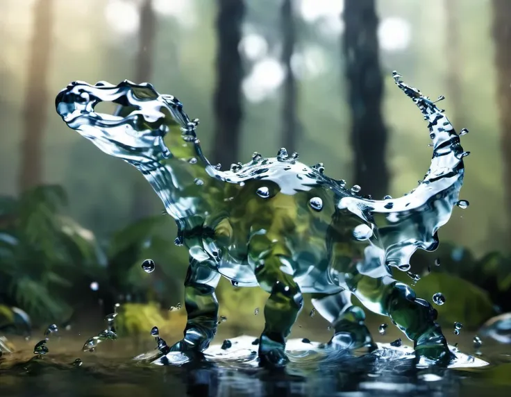 <lora:Aether_Aqua_v1_SDXL_LoRA:0.9> a photo of a dinosaur made of water, bokeh pre-historic forest background, water drops, cinematic, intricate
