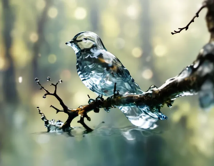 <lora:Aether_Aqua_v1_SDXL_LoRA:0.9> a photo of a bird made of water, sitting on a branch, bokeh forest background, cinematic, intricate