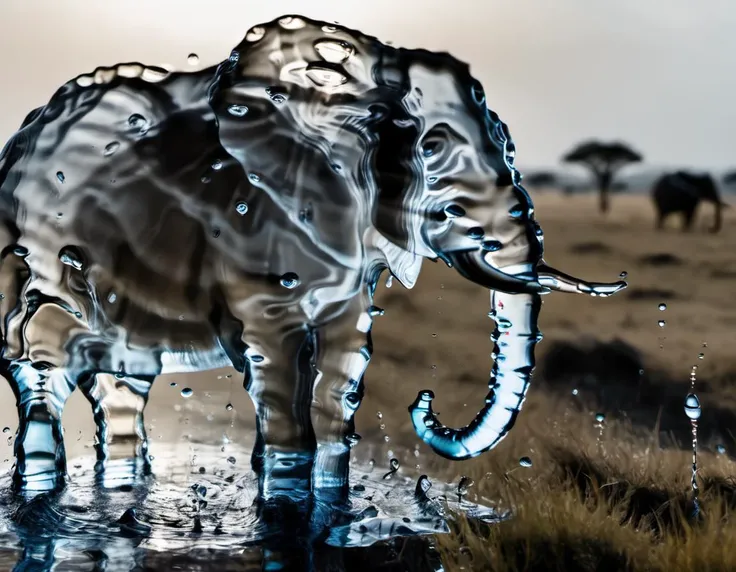 <lora:Aether_Aqua_v1_SDXL_LoRA:1> a photo of an elephant made of transparent water, the african savannah plains in the background, water drops, cinematic, intricate