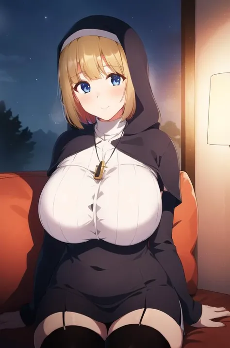 (Night:1.7), in forest village, wooden house,
sitting at attention,sitting on couch,
blue hoodie,Cross_necklace,blue shirt,turtleneck,thighhighs,garter_belt, garter_straps, pencil skirt, Black_pantyhose,
<lora:Tianne_IsekaiHarem-V1:0.8>,nun,
blonde_hair,bob_cut, blue_eyes, blunt_bangs,
1 girl, Manga,20yo,mature female,Beautiful Finger,Beautiful long legs,Beautiful body,Beautiful Nose,Beautiful character design, perfect eyes, perfect face,
looking at viewer,
official art,extremely detailed CG unity 8k wallpaper, perfect lighting,Colorful, Bright_Front_face_Lighting,
(masterpiece:1.0),(best_quality:1.0), ultra high res,4K,ultra-detailed,
photography, 8K, HDR, highres, absurdres:1.2, Kodak portra 400, film grain, blurry background, bokeh:1.2, lens flare, (vibrant_color:1.2)
(Beautiful,large_Breasts:1.4), (beautiful_face:1.5),(narrow_waist),