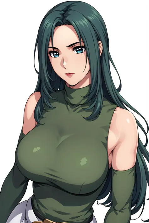 Simple White Background,
dynamic pose,standing at attention,
green shirt, sleeveless, bare shoulders, turtleneck, 
<lora:Selene_McGriff_STARGAZER-KK77-V1:0.7>,
blue eyes, Green hair,bangs,Long hair,
<lora:more_details:0.1>,<lora:Oda_Non_Style-KK77-V2:0.3>,<lora:Sexy_AIart-KK77-V1:0.3>,
1 girl, 20yo,Young female,Beautiful long legs,Beautiful body,
Beautiful Nose,Beautiful character design, perfect eyes, perfect face,expressive eyes,perfect balance,
looking at viewer,(Focus on her face),closed mouth, (innocent_big_eyes:1.0),(Light_Smile:0.3),
official art,extremely detailed CG unity 8k wallpaper, perfect lighting,Colorful, Bright_Front_face_Lighting,White skin,
(masterpiece:1.0),(best_quality:1.0), ultra high res,4K,ultra-detailed,
photography, 8K, HDR, highres, absurdres:1.2, Kodak portra 400, film grain, blurry background, bokeh:1.2, lens flare, (vibrant_color:1.2),professional photograph,
(Beautiful,large_Breasts:1.4), (beautiful_face:1.5),(narrow_waist),