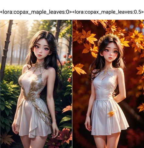 1 girl, kawaii, very long hair, soft ((glossy eyes)), sparkles, flowers, nature, Maple leaves, full body <lora:copax_maple_leaves:0>