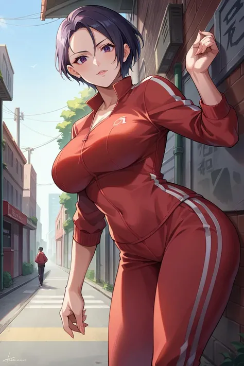 score_9, score_8_up, score_7_up, score_6_up, source_anime, BREAK 1girl,  <lora:shamir-pdxl-nvwls-v1-000006:1> defShamir, short hair, red track suit, red track pants, big breasts, looking at you, city street, alleyway