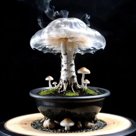 mysterious translucent transparent glass mushroom mixed with birch tree in slimy black bonsai pot, intricate and hyperdetailed raw photography by Lee Jeffries, Joe Fenton, Andree Wallin, Killian eng, Sung Choi, album cover art, amazing depth, perfect ratio, hdr, perfect balanced styles, magical, intense back light, stunning soft smoke, impressive masterwork by head of prompt engineering <lora:add-detail-xl:0.75> <lora:magik_smoke_v1.2:0.6> <lora:Aether_Ghost_v1.1_LoRA:0.8> <lora:1hyperkraximalism-000014:0.8>