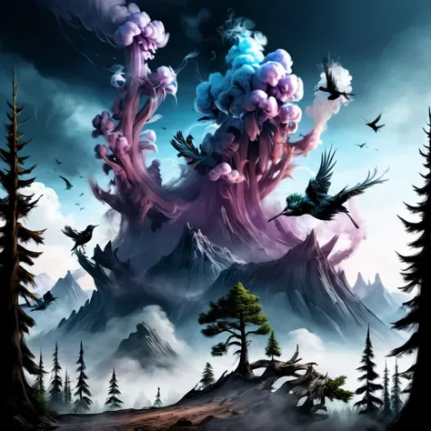 ((best quality)), ((masterpiece)), ((realistic,digital art)), (hyper detailed), smoke Nebula Mountain Cedar,Marsh Birds,Magic, octane rendering, raytracing, volumetric lighting, Backlit,Rim Lighting, 8K, HDR, <lora:magik_smoke_v1.1:1>