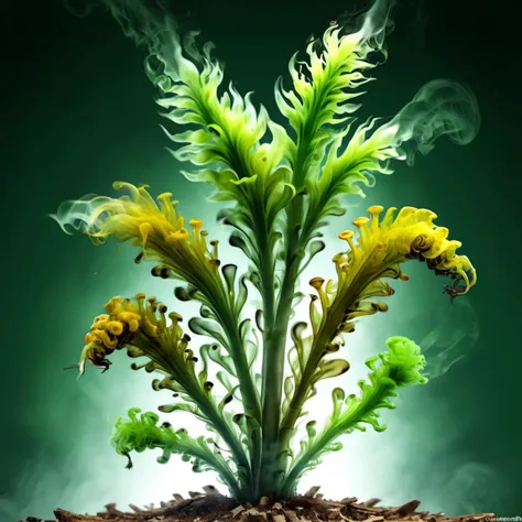 ((best quality)), ((masterpiece)), ((realistic,digital art)), (hyper detailed), smoke Tiny Ochre Bushy Undulate plant, Velvety Texture Straight Culm, Flaky, Green Spore Print Monocotyledonous Seeds, Veined, Epicalyx, Tristichous Phyllotaxy, , octane rendering, raytracing, volumetric lighting, Backlit,Rim Lighting, 8K, HDR, <lora:magik_smoke_v1.1:1>