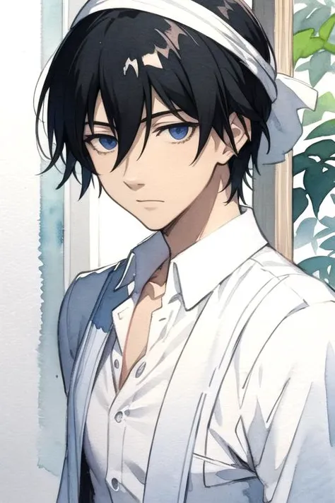 masterpiece, best quality, sketch, 1boy, solo, male focus, looking at viewer, , , (watercolor illustration, soft pastel colors:1.1), , <lora:hei_darker_than_black:0.72>, hei_darker_than_black, black hair, blue eyes, , turban, ,
