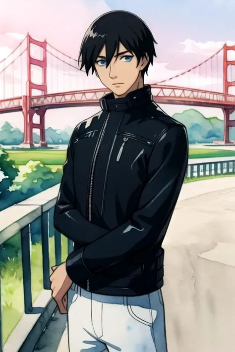 masterpiece, best quality, illustration, 1boy, solo, male focus, looking at viewer, , , (watercolor illustration, soft pastel colors:1.1), , <lora:hei_darker_than_black:0.72>, hei_darker_than_black, black hair, blue eyes, biker costume, bridge,