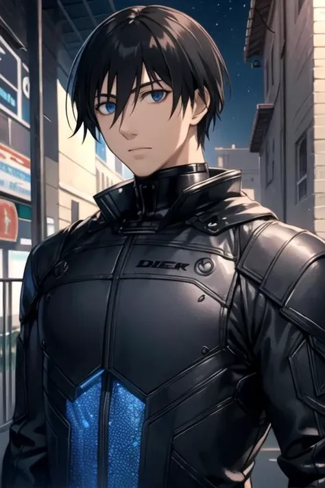 masterpiece, best quality, game cg, 1boy, solo, male focus, looking at viewer, upper body, , ligne claire, realistic, <lora:hei_darker_than_black:0.74>, hei_darker_than_black, black hair, blue eyes, coat, , Androids- Human-like robots with sleek metallic bodies and lifelike synthetic skin.,