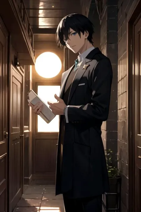 masterpiece, best quality, game cg, 1boy, solo, male focus, looking at viewer, , , anime coloring, , <lora:hei_darker_than_black:0.72>, hei_darker_than_black, black hair, blue eyes, leprechaun costume, Energy Manipulator, (Dreamscape,Fantastical,Charmed,Mysterious,Ceramic Tiles,Carpet Rotation,Solar Eclipse,Convection,Liquid,SlateGray Ethereal ,Pentagonal Prism,Star magic:1.0) Psychic powers, Atompunk,