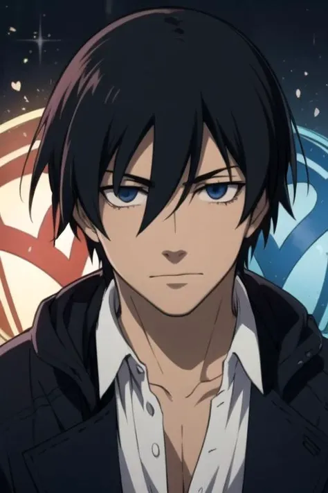 masterpiece, best quality, sketch, 1boy, solo, male focus, looking at viewer, , depth of field, anime coloring, , <lora:hei_darker_than_black:0.76>, hei_darker_than_black, black hair, blue eyes, , , Glowing Runes,