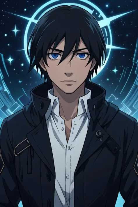 masterpiece, best quality, photorealistic, 1boy, solo, male focus, looking at viewer, upper body, depth of field, anime coloring, , <lora:hei_darker_than_black:0.70>, hei_darker_than_black, black hair, blue eyes, , Ancient cosmic beings- Hoary, majestic beings adorned with intricate symbols and ethereal aura.,