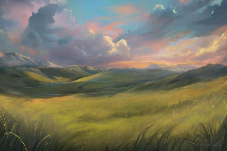 ((((landscape, nature, zero pictured, rolling hills, long grass, clouds, grass, prairie)))), ((by Pino Daeni, by Ruan Jia, by Fumiko, by Levelviolet, by Supplesee)), outside, nsfw