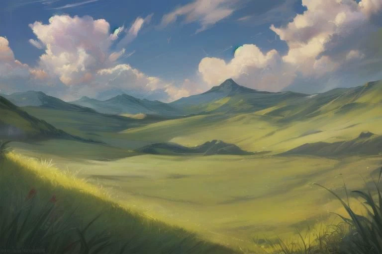 ((((landscape, nature, zero pictured, rolling hills, long grass, clouds, grass, prairie)))), ((by Pino Daeni, by Ruan Jia, by Fumiko, by Levelviolet, by Supplesee)), outside, nsfw