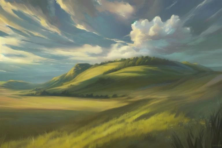 ((((landscape, nature, zero pictured, rolling hills, long grass, clouds, grass, prairie)))), ((by Pino Daeni, by Ruan Jia, by Fumiko, by Levelviolet, by Supplesee)), outside, nsfw