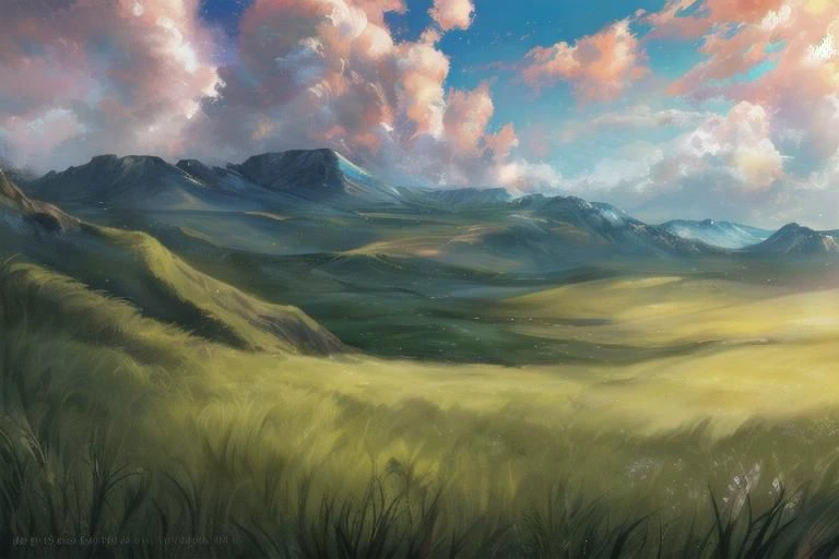 ((((landscape, nature, zero pictured, rolling hills, long grass, clouds, grass, prairie)))), ((by Pino Daeni, by Ruan Jia, by Fumiko, by Levelviolet, by Supplesee)), outside, nsfw