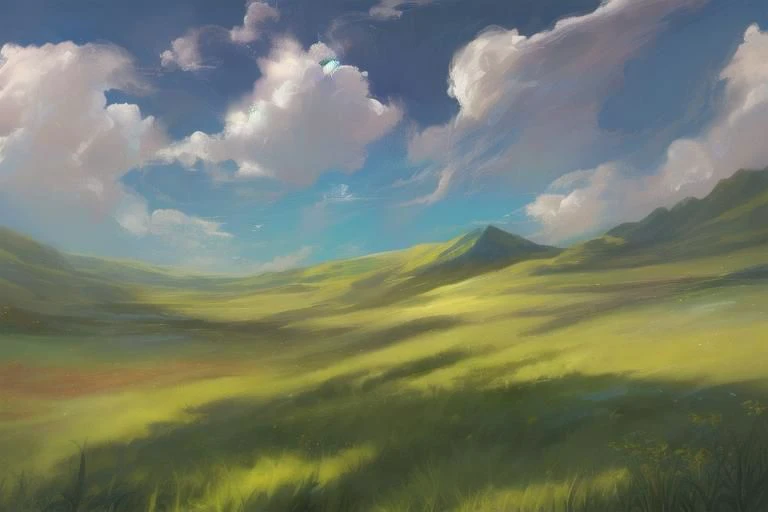 ((((landscape, nature, zero pictured, rolling hills, long grass, clouds, grass, prairie)))), ((by Pino Daeni, by Ruan Jia, by Fumiko, by Levelviolet, by Supplesee)), outside,