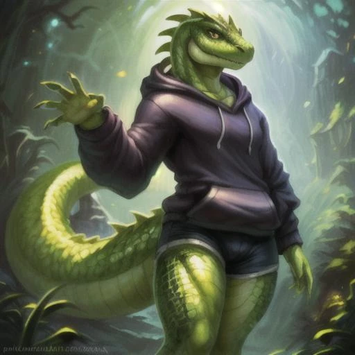 (green lizard, scalie, black hoodie, male, black shorts), high quality, uploaded on e621, (by barstika,by cutesexyrobutts ,by hioshiru ,best quality, 3d)