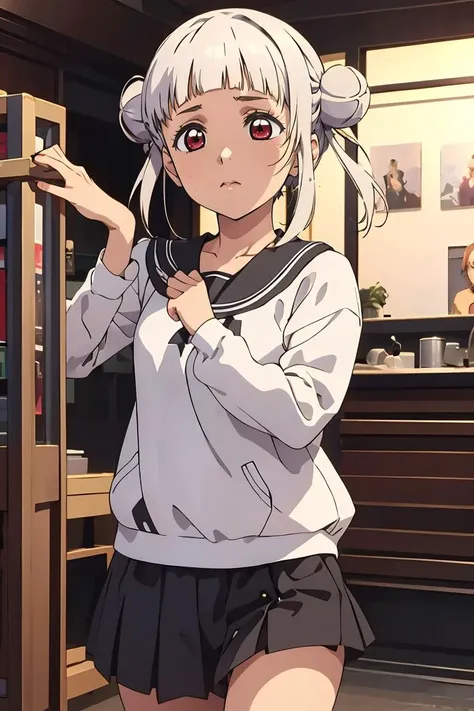 (masterpiece, best quality), 1girl, <lora:ChisatoV1:0.8> arashi chisato, bangs, white hair, (double bun:1.2), red eyes